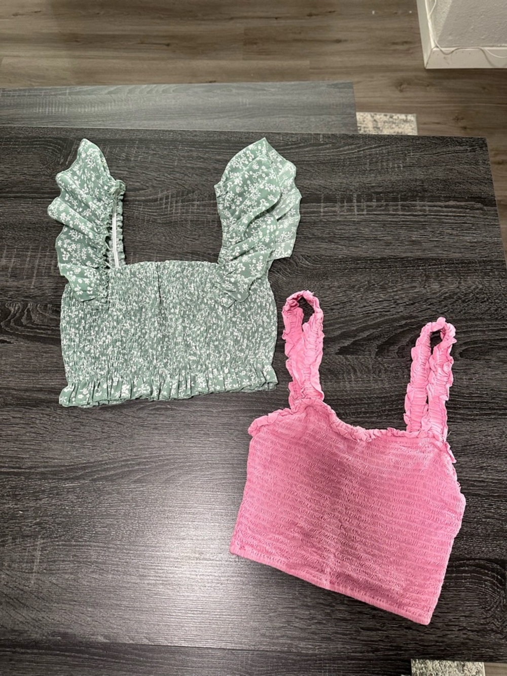 Green Floral Ruffle Crop Top & Pink Smocked Tank Duo